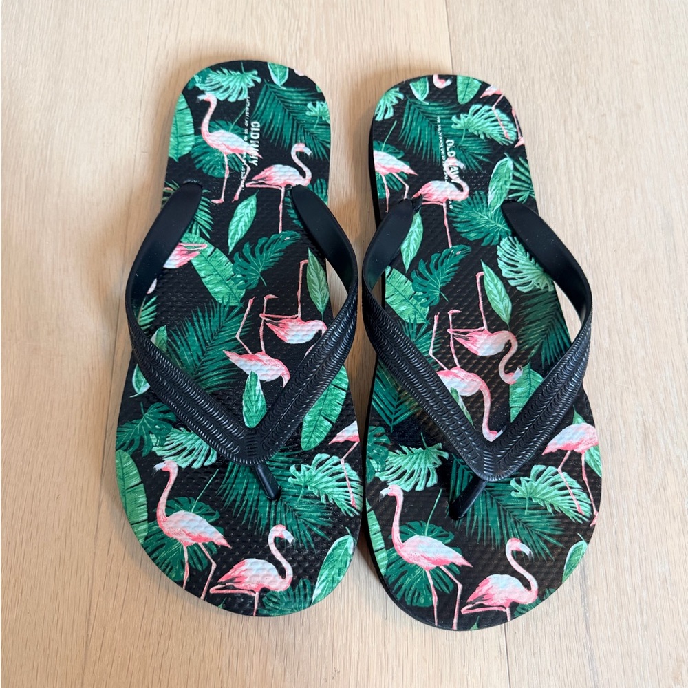 Tropical Flamingo Flip Flop Sandals - Black/Green/Pink